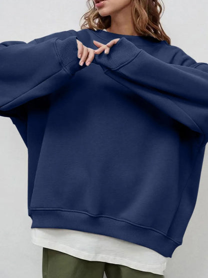 Autumn and winter new solid color round neck loose pullover sweatshirt long sleeved fleece sweater for women