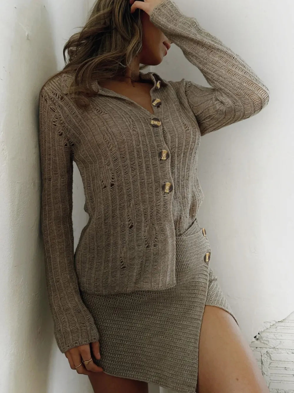 Casual versatile collar solid color sweater jacket cardigan