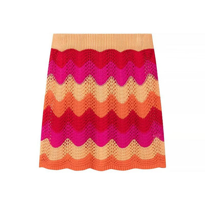 Collar striped contrasting knit shirt+half skirt set