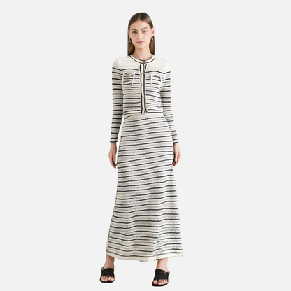 Color blocking striped women's knitted sweater top+striped hollow knitted skirt set for women
