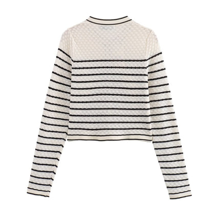 Color blocking striped women's knitted sweater top+striped hollow knitted skirt set for women