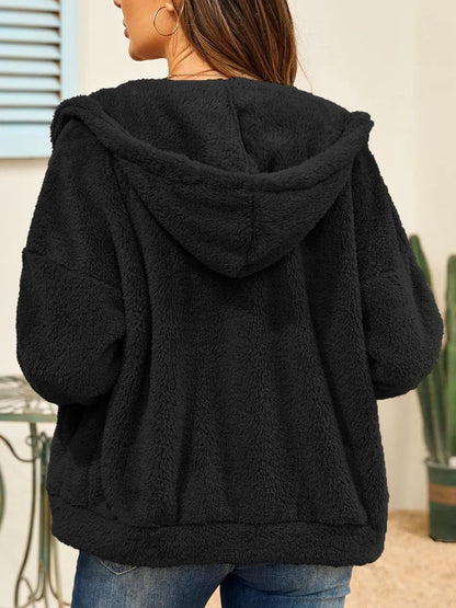 Drawstring Zip Up Hooded Plush Jacket