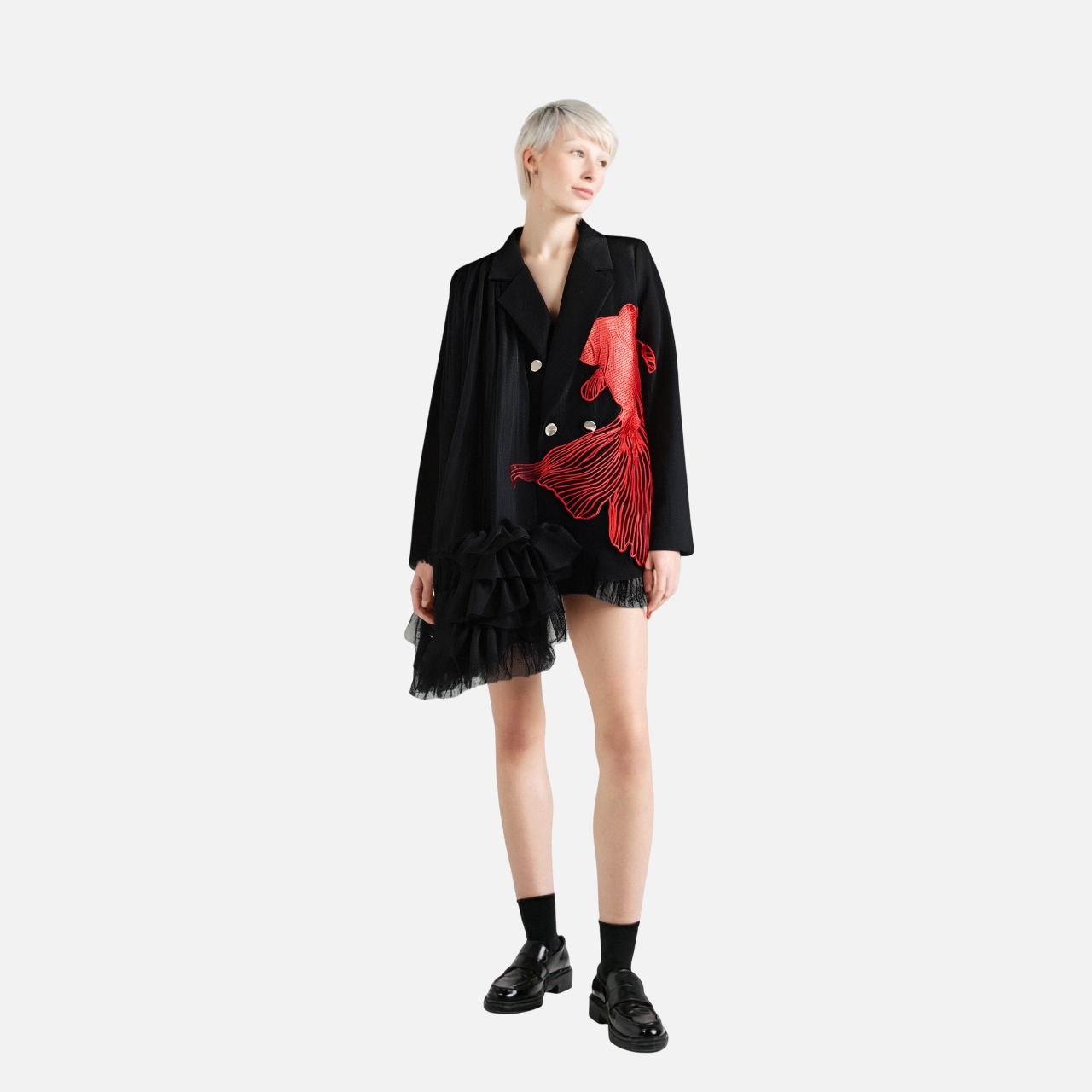 Embroidered goldfish patchwork irregular mesh suit loose jacket for women