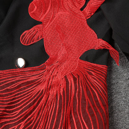 Embroidered goldfish patchwork irregular mesh suit loose jacket for women