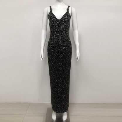 European and American sexy fashion socialite temperament hot diamond suspender backless long dress women's dress