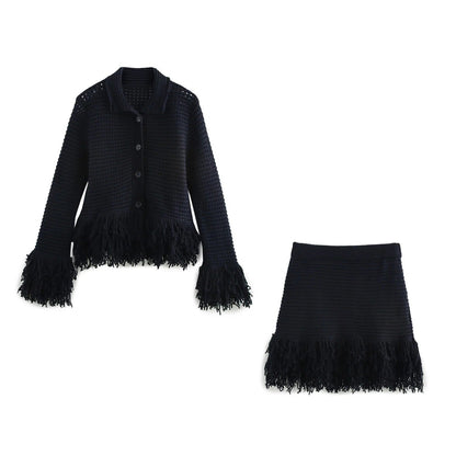 European and American women's fashion versatile tassel knit sweater+skirt set