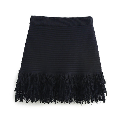 European and American women's fashion versatile tassel knit sweater+skirt set