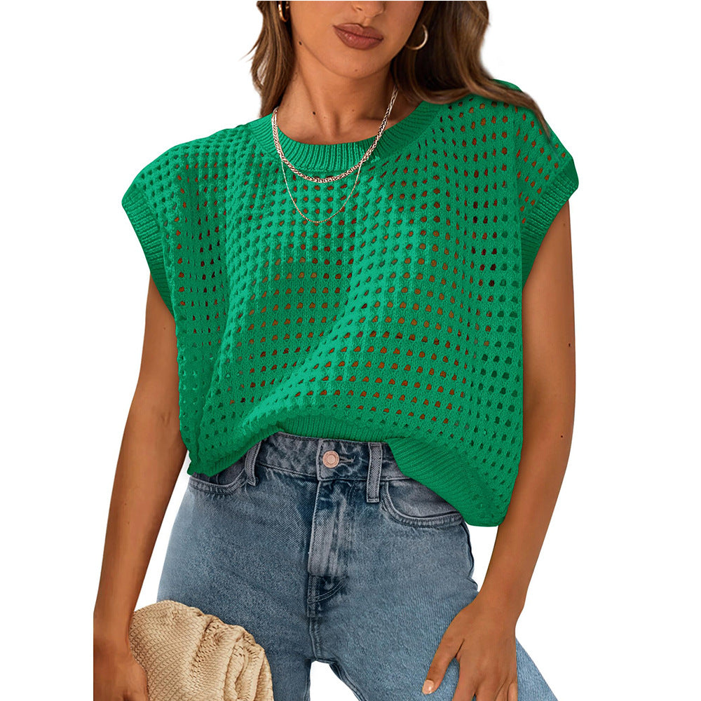 European and American women's round neck hollow top