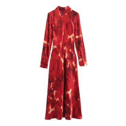 Flip collar single breasted printed shirt long skirt dress for women