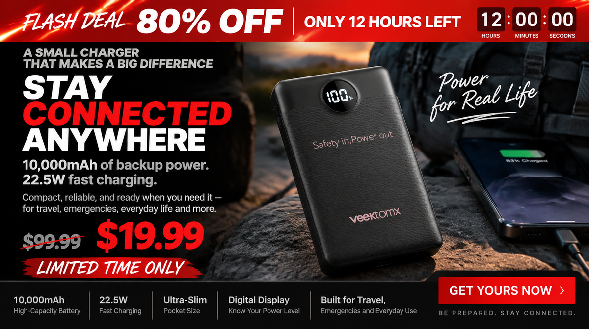 Global Survivor VEEKTOMX 10000mAh power bank landing page banner