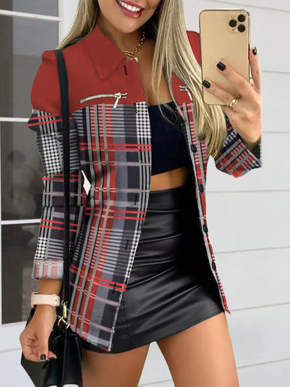 Long sleeved button color blocked printed lapel commuter suit for women