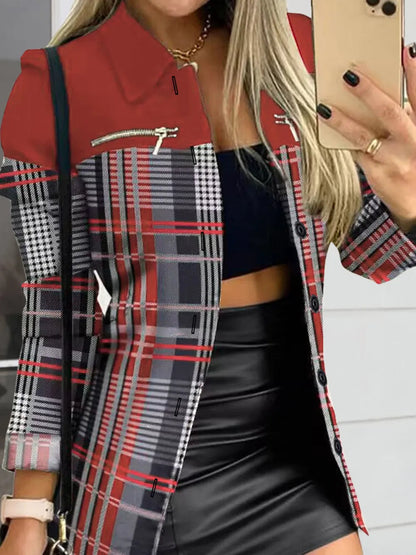 Long sleeved button color blocked printed lapel commuter suit for women