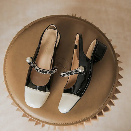Pearl chain shallow mouth back hollow thick heel color blocked Mary Jane sandals for women