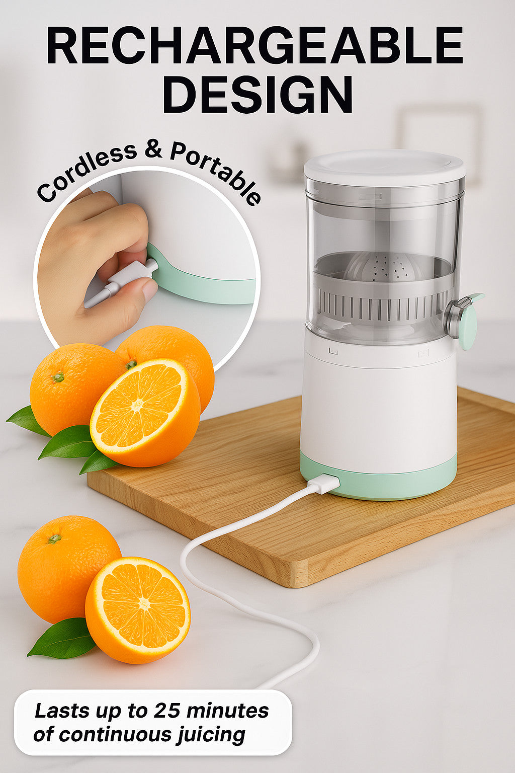 Electric Citrus Juicer Rechargeable Hands-Free Masticating Orange Lemon Squeezer