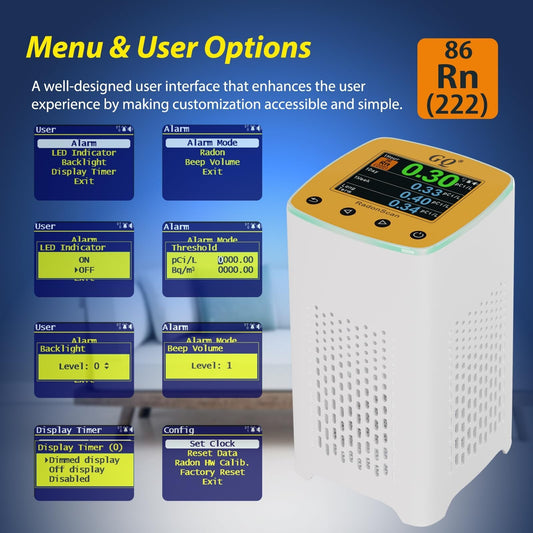 GQ RadonScan Home Radon Detector Monitor Alpha Radiation Large Color Display