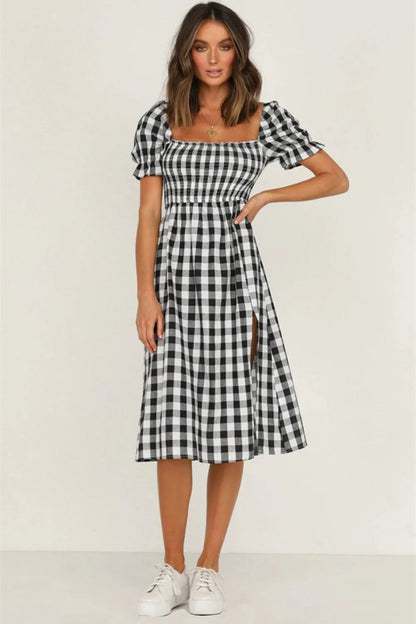 Slit Plaid Short Sleeve Midi Dress