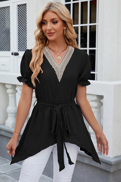 Solid color V-neck lace patchwork loose short sleeved dress