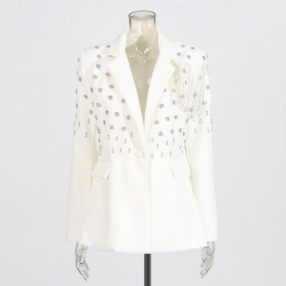 Temperament solid color small suit personality nail diamond tassel design suit jacket for women