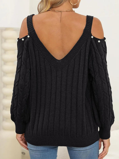 Women's autumn and winter deep V sexy off shoulder loose pullover sweater top for women