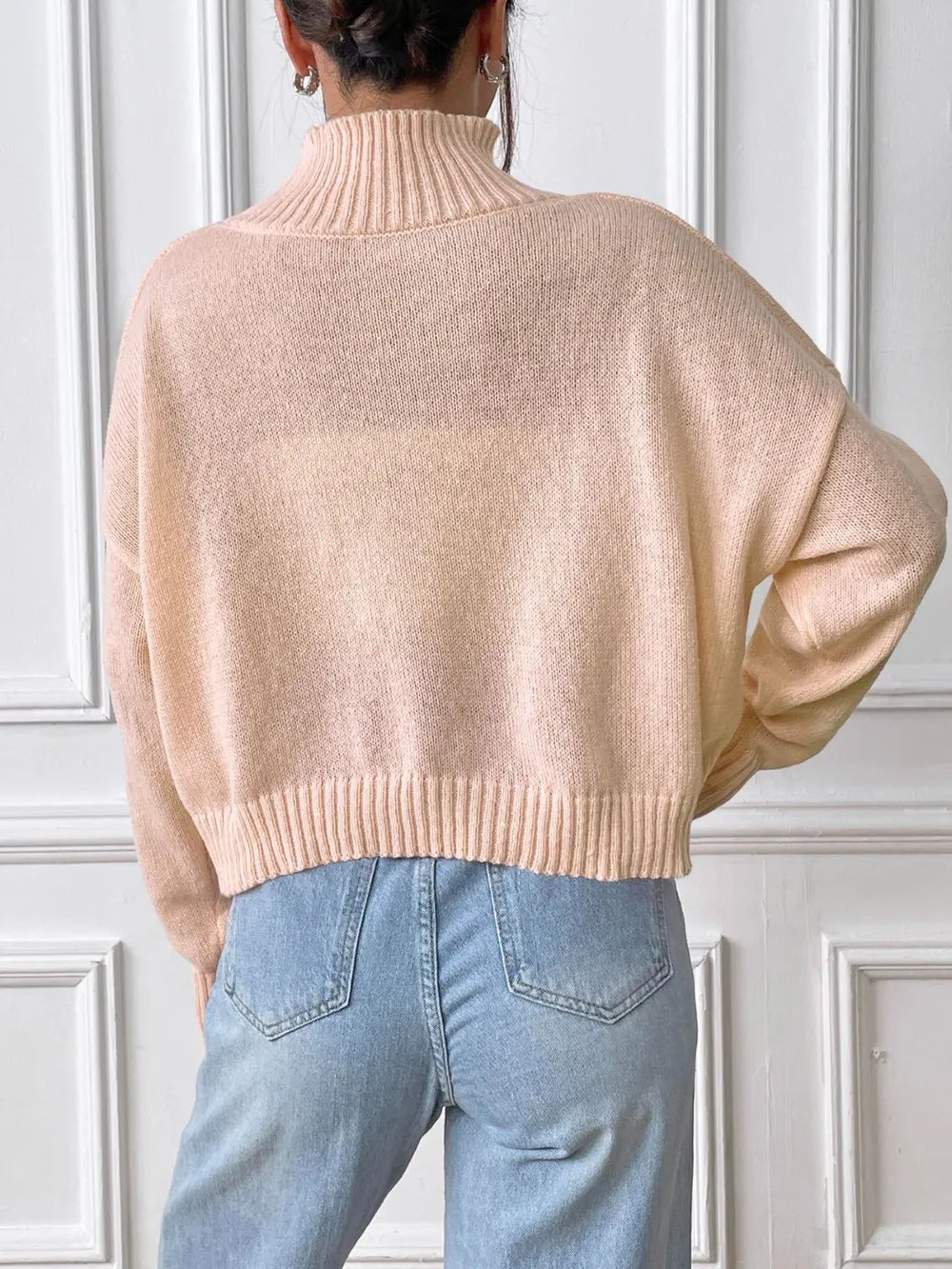 Women's autumn and winter high neck pullover sweater solid color loose casual base sweater