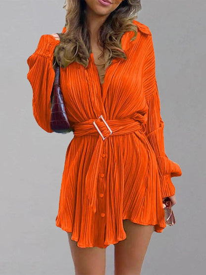 Women's new shirt collar fashionable women's elastic waist pleated long sleeved lace up dress