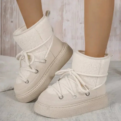 Women's Thick-soled Cross-strap Snow Boots Women Winter Round Toe Flock Plush Warm Mid Heel Water Proof Casual Warm Snow Boots