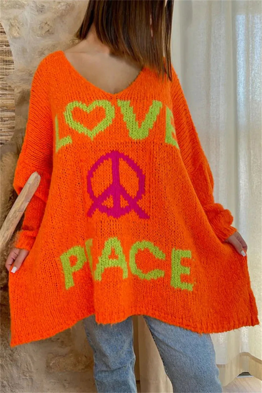 Women's V-neck letter loose and lazy knitted sweater